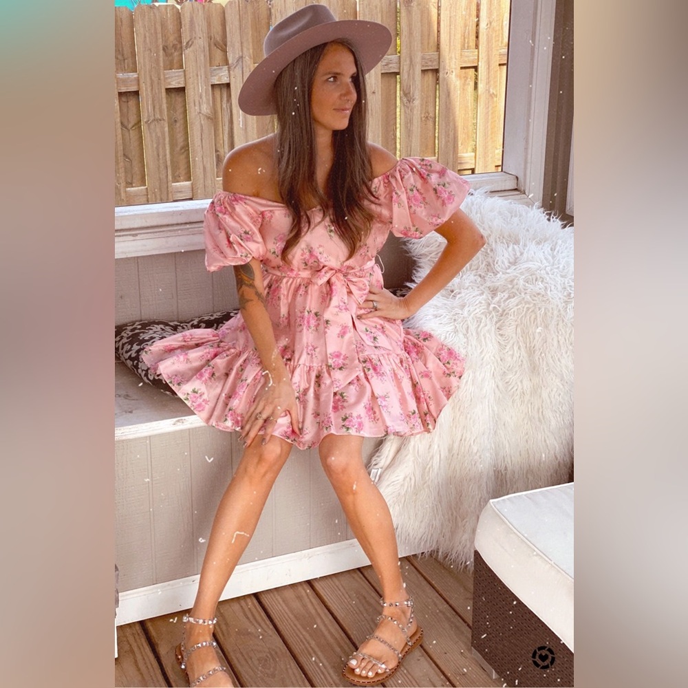 LoveShackFancy Pink Floral Off-Shoulder Ruffle Mini Dress